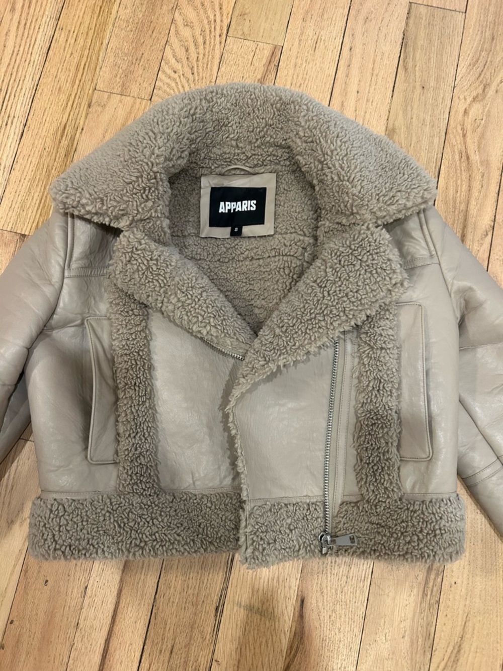 Apparis Taupe Shearling-Trim Leather Biker Jacket